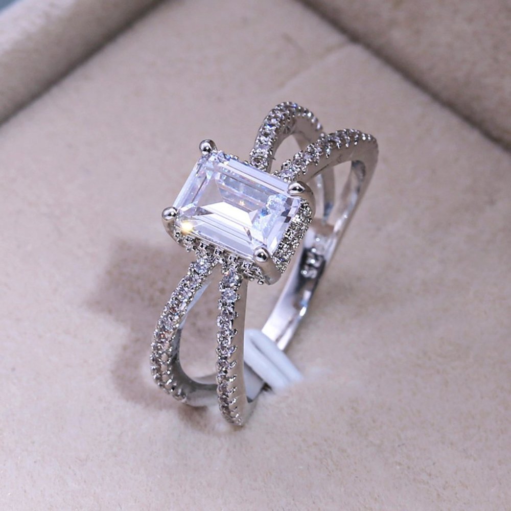 "Trendy Double Layer Cross Rectangle Radiant Cut Silver Ring for Women, VIP495